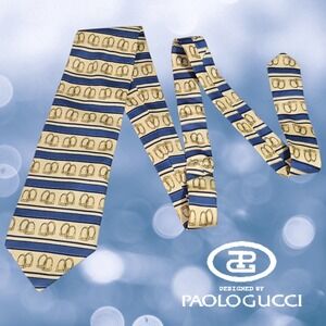 VTG Paolo Gucci Tie Mens Horsebit Equestrian Italian Striped Silk Blue Yellow OS